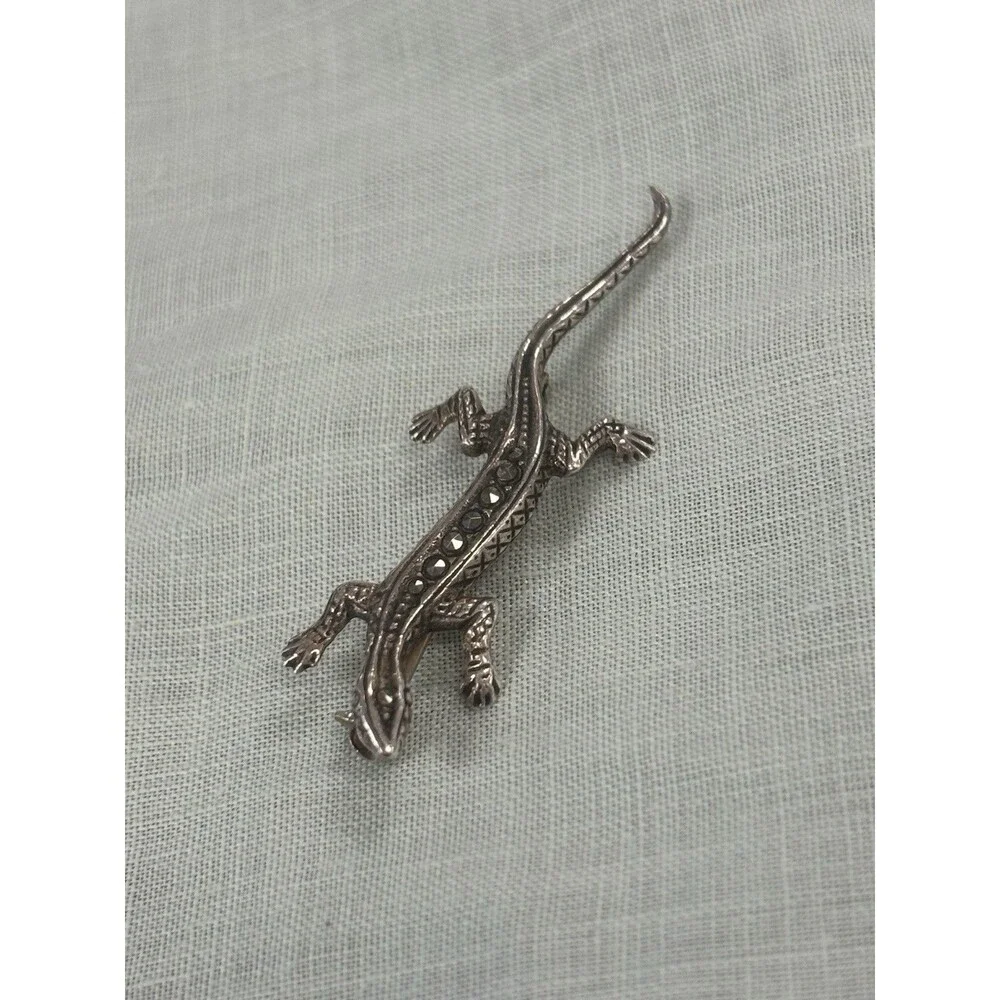 Vintage 925 Sterling Silver Marcasite Lizard Brooch Figural Gecko Pin Estate